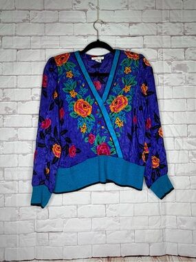 Vintage Silkline 100% Silk Floral Blouse Women’s 8P Purple Teal Statement Top